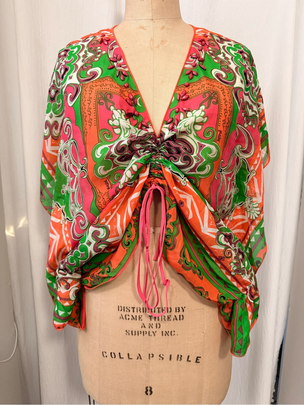 Hale Bob Cabana, 100% Silk Chiffon, Bejeweled Scarf Print Top, sz M